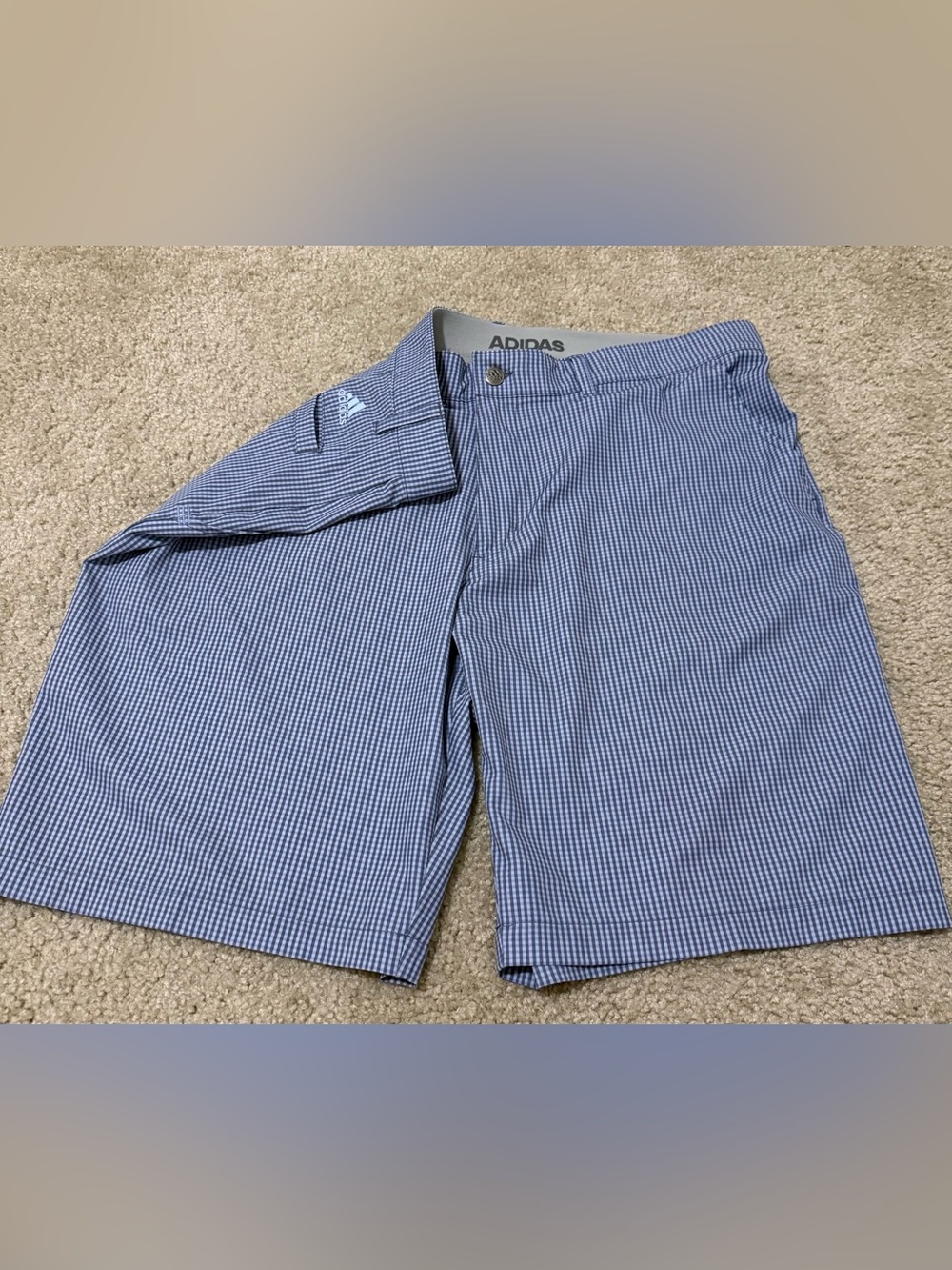 Adidas Mens Golf Shorts ⛳️
Gingham Check Blue White Performance Stretch Size 38
